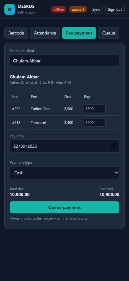 Offline fee collection on DeskOS mobile