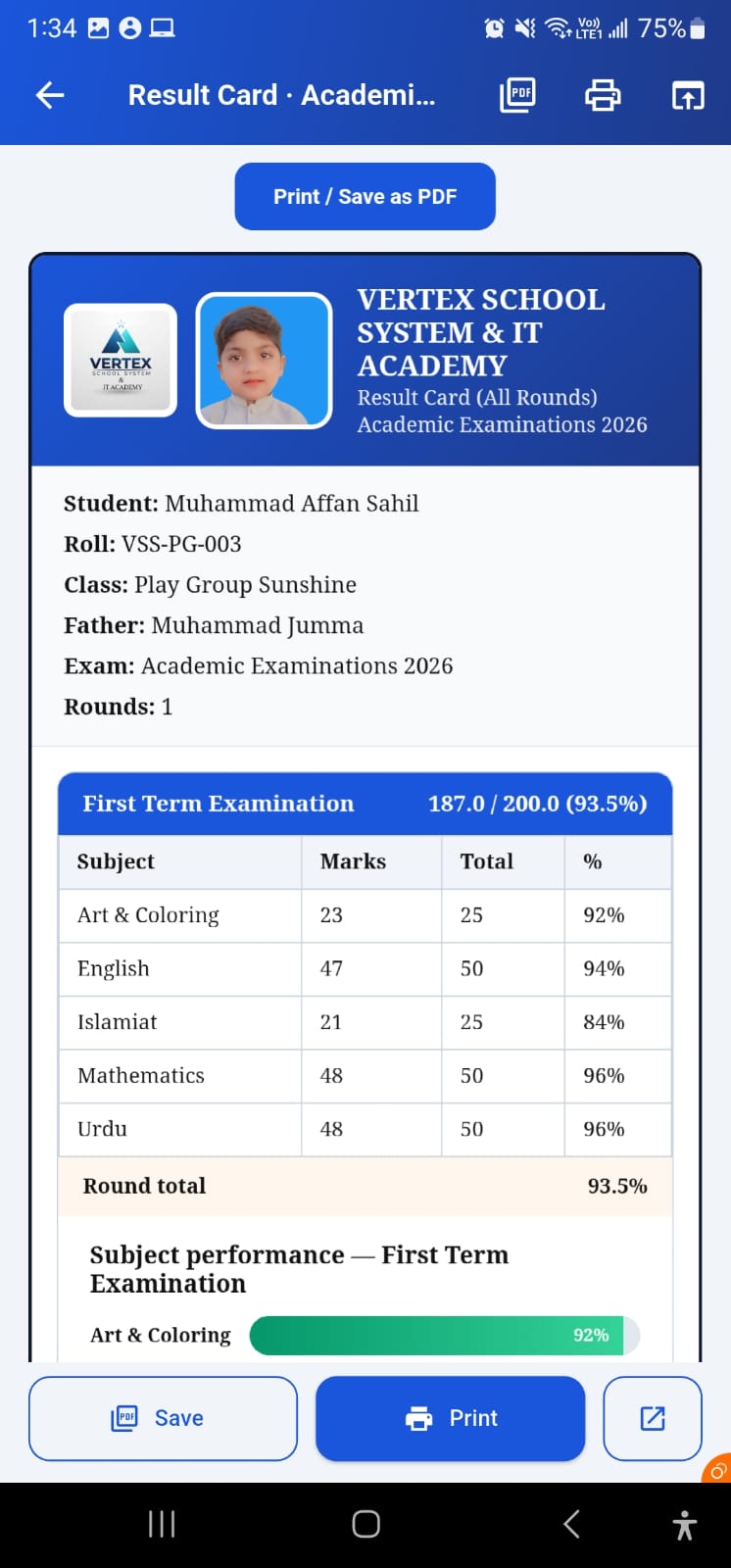 Result card in the app