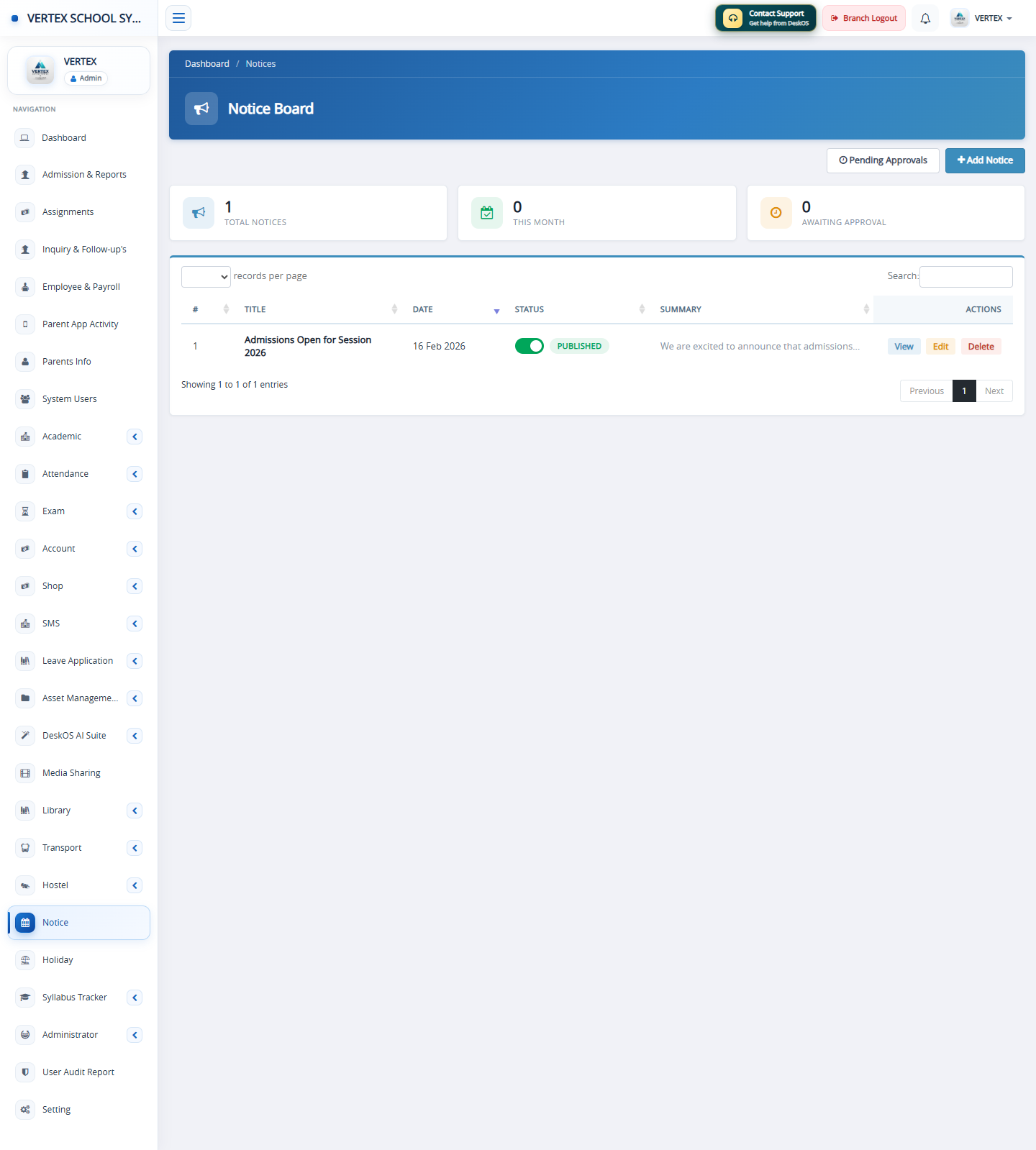 Notices & Announcements — DeskOS